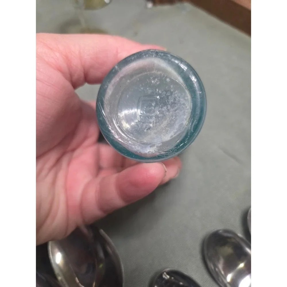 Vintage Aqua Blue Glass Jar with Metal Zinc Screw Lid Small Apothecary Bottle